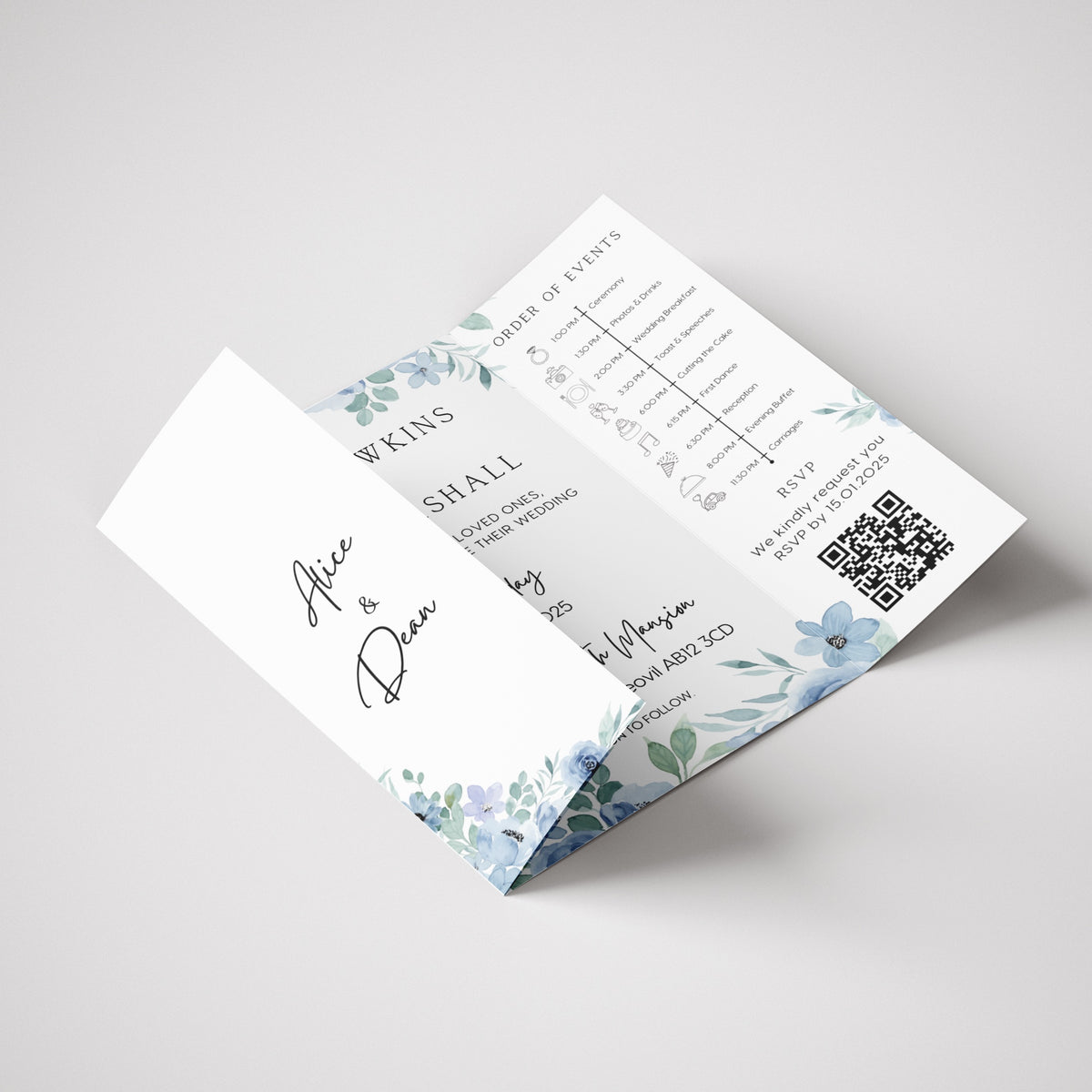 Blue Floral Gatefold Wedding Invitations