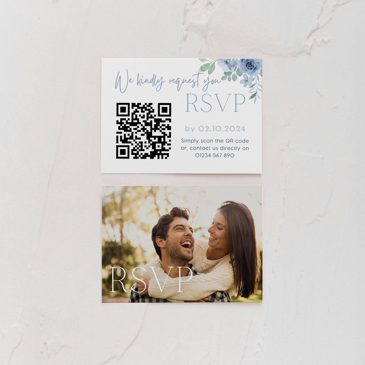 blue floral wedding RSVP with QR - personalised wedding RSVPs invitations