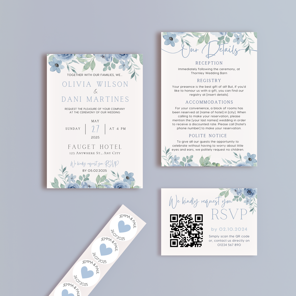 blue floral wedding stationery essentials bundle - wedding stationery bundle customised - wedding invites bundle with rsvp - personalised wedding invites rsvp bundle