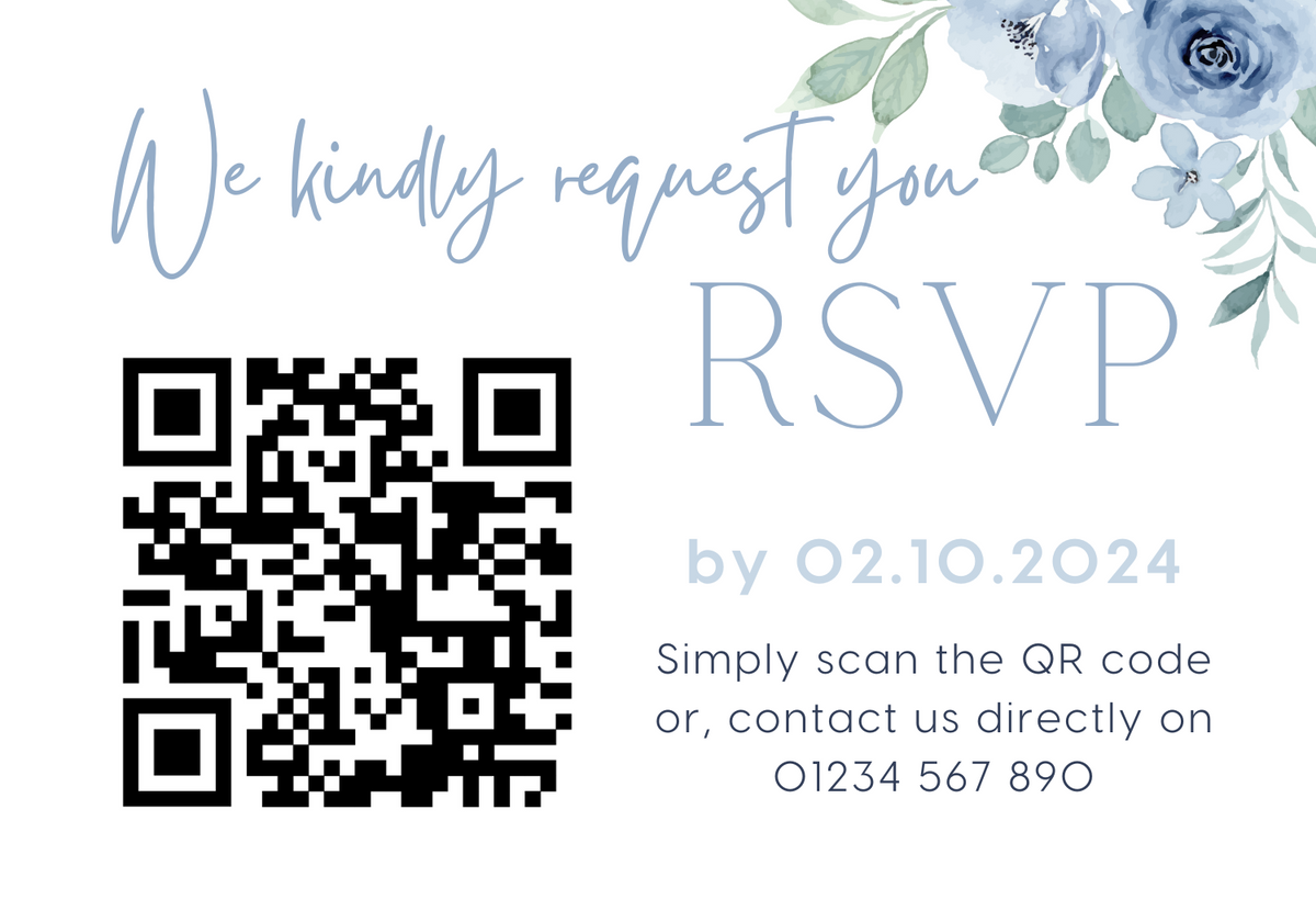 blue floral wedding RSVP with QR - personalised wedding RSVPs invitations