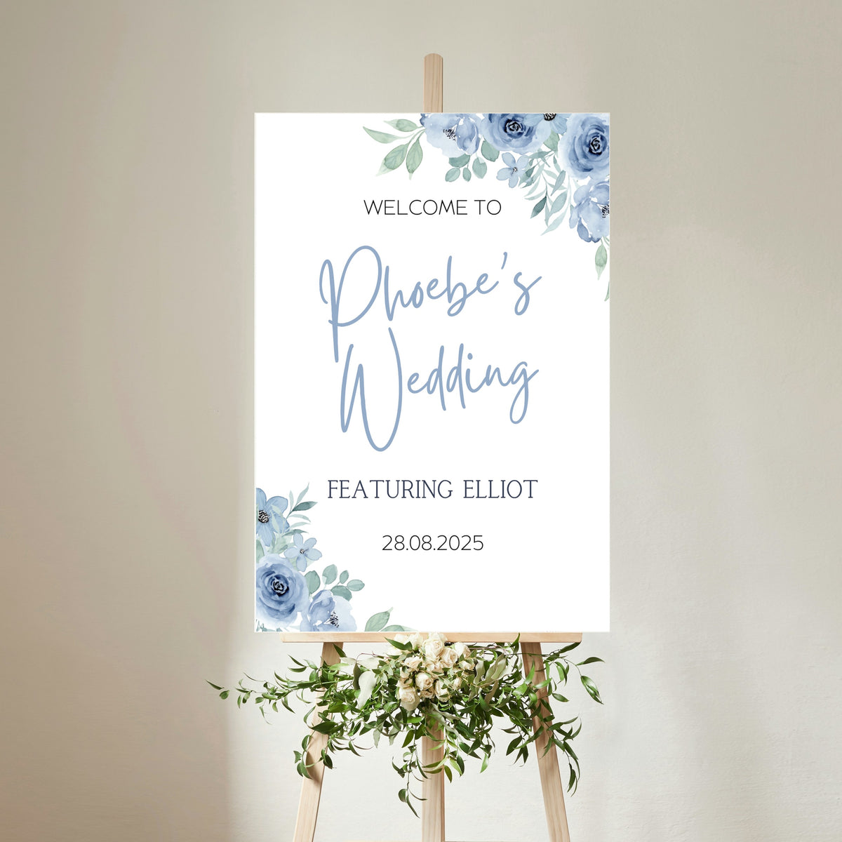 blue floral bride's wedding featuring groom sign - funny wedding welcome sign