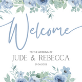 Blue Floral Wedding Welcome Sign Custom Names and Date - Blue Flowers Wedding Signs UK Personalised