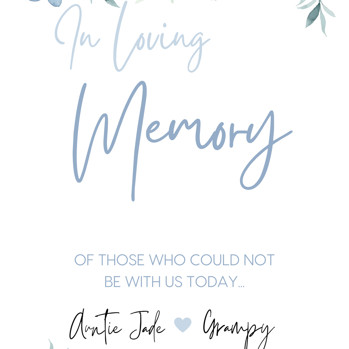 blue floral in loving memory table sign - affordable personalised wedding signs