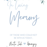 blue floral in loving memory table sign - affordable personalised wedding signs