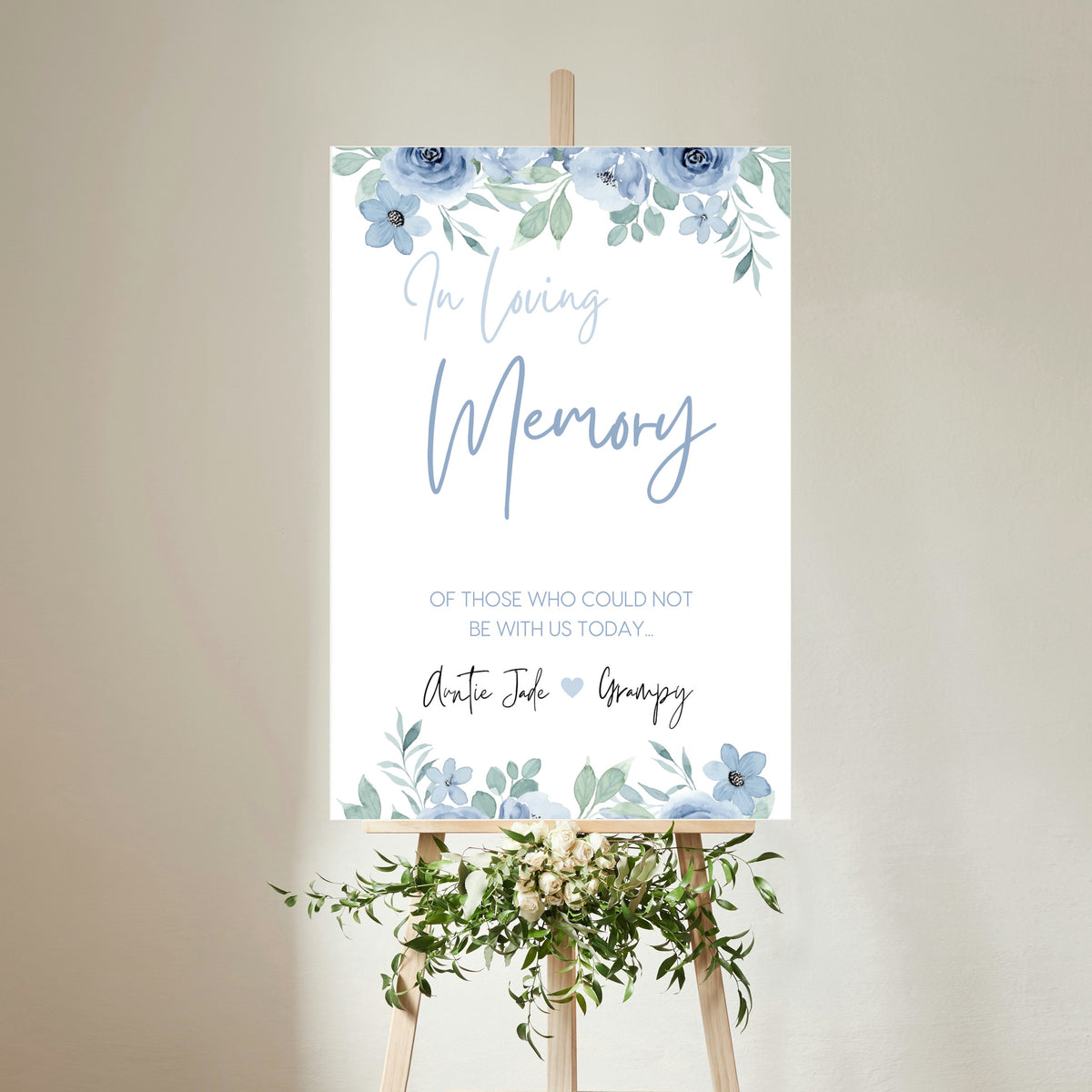 blue floral in loving memory table sign - affordable personalised wedding signs