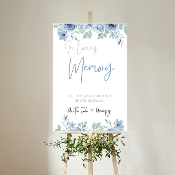 blue floral in loving memory table sign - affordable personalised wedding signs