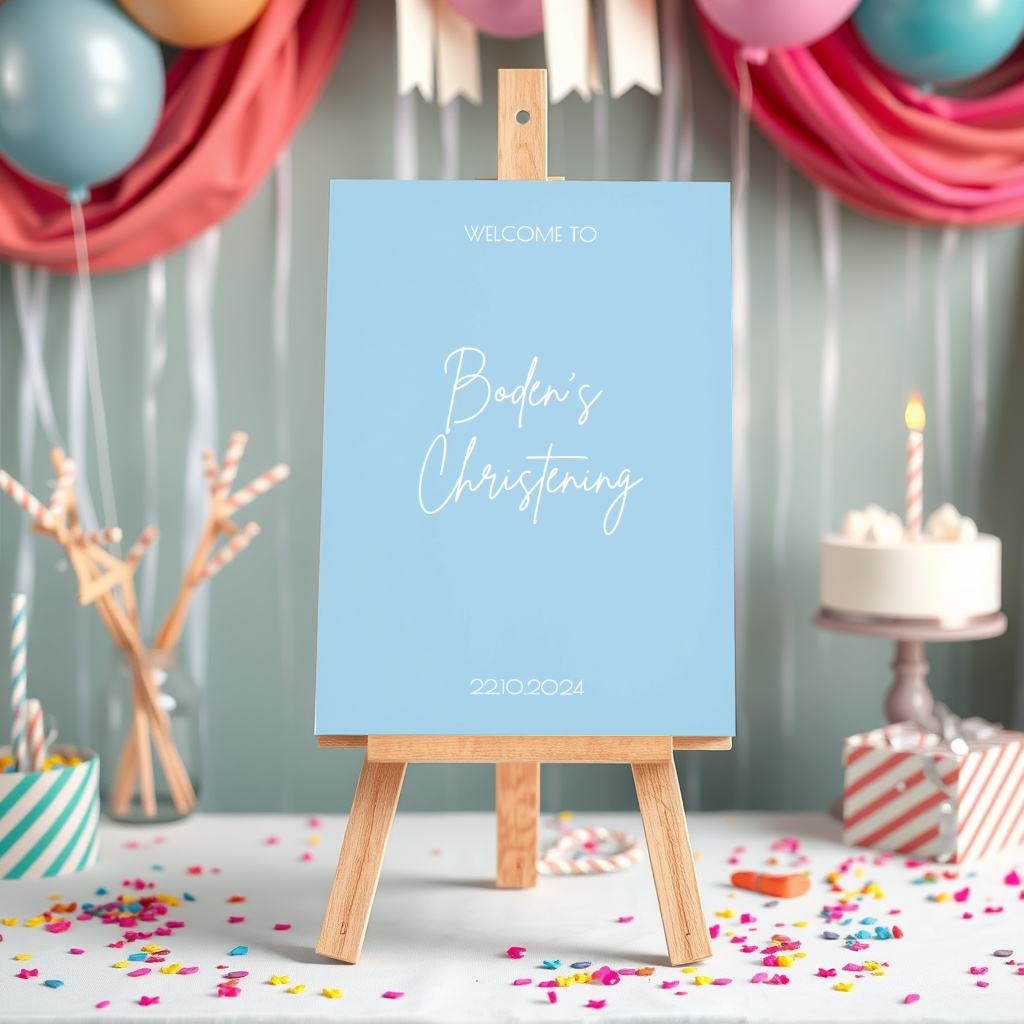 Personalised Christening Welcome Sign – A beautifully designed welcome sign featuring the baby’s name and event details, displayed on an easel at a christening venue.