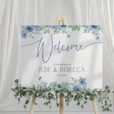 Blue Floral Wedding Welcome Sign Custom Names and Date - Blue Flowers Wedding Signs UK Personalised