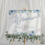 Blue Floral Wedding Welcome Sign Custom Names and Date - Blue Flowers Wedding Signs UK Personalised