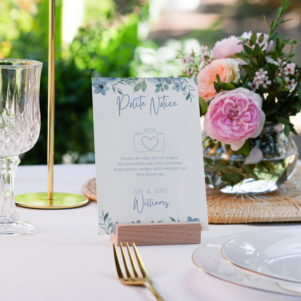 dusty blue floral polite notice wedding sign - Polite notice card for wedding display - luxury wedding signage