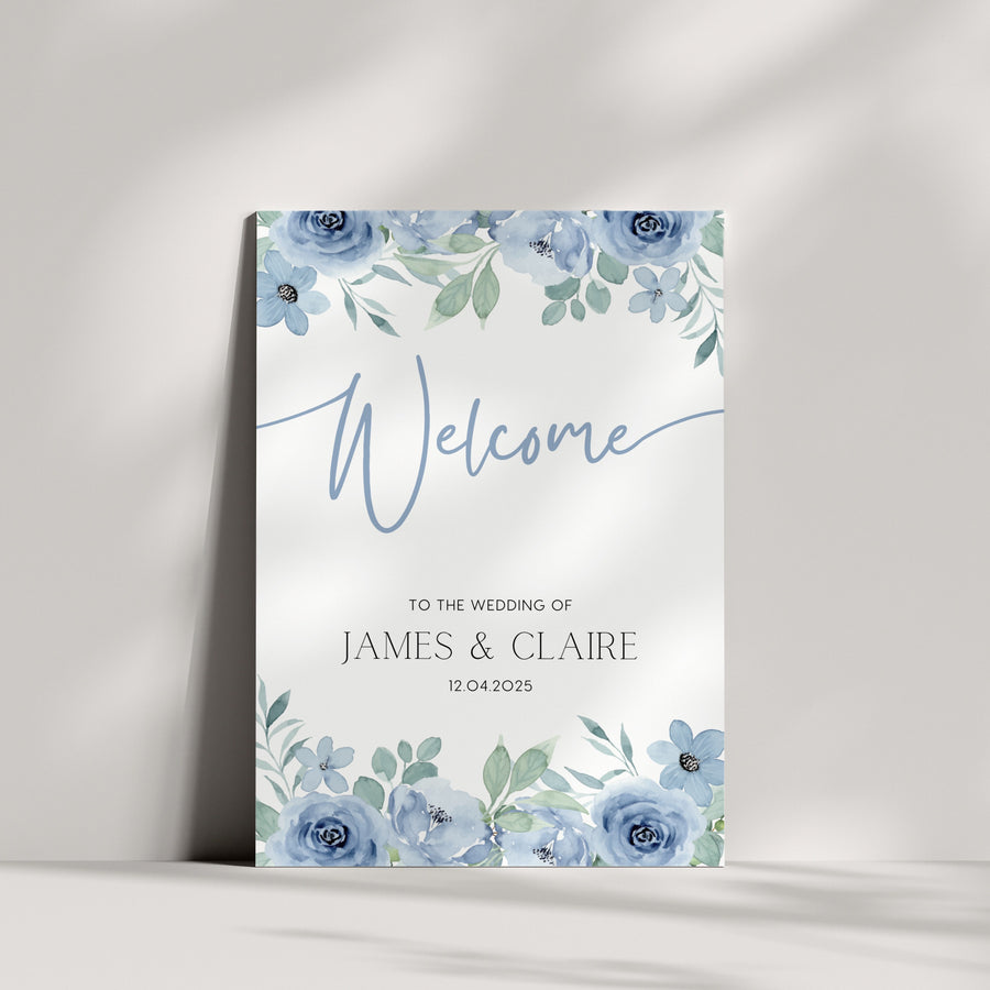 blue floral wedding welcome sign - a charming wedding welcome sign, featuring dusty blue florals for an elegant, eye-catching entrance