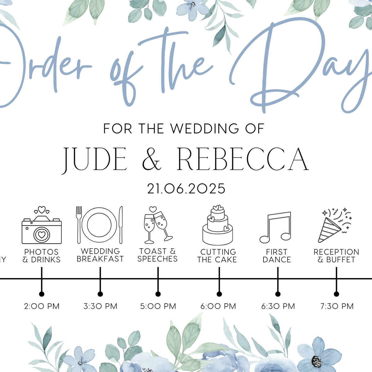 blue floral order of the day sign for weddings - personalised - customizable