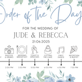 blue floral order of the day sign for weddings - personalised - customizable