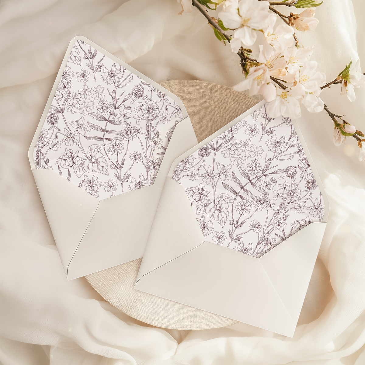 A flat lay of elegant wedding invitation envelopes, partially open to reveal beautifully designed envelope liners in various styles, including floral, modern, and classic patterns. The envelope inserts add a touch of luxury and sophistication to the stationery set.