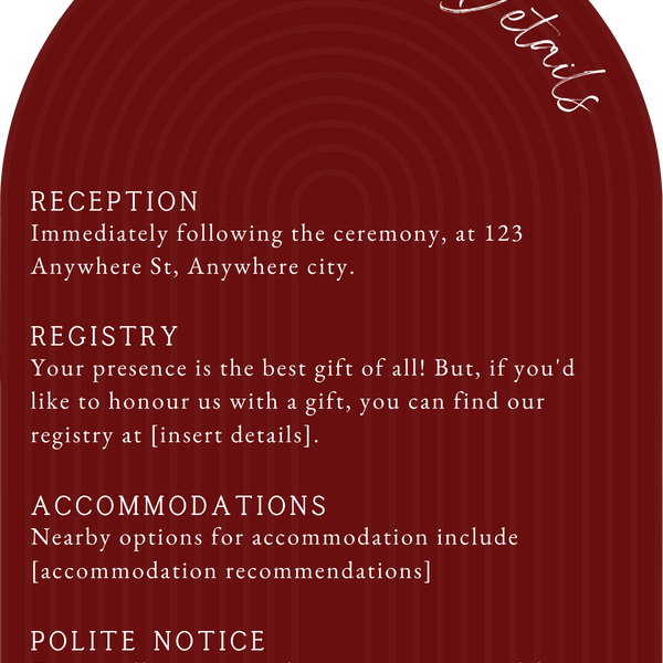 luxury arch shaped wedding invitations in romantic burgundy - fully personalised elegant wedding invitations premium