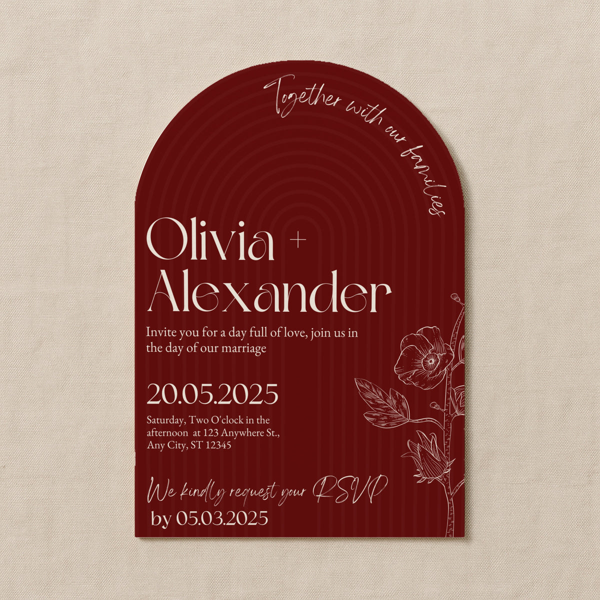 luxury arch shaped wedding invitations in romantic burgundy - fully personalised elegant wedding invitations premium
