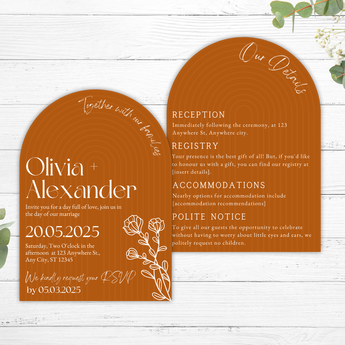 burnt orange arch wedding invites - affordable wedding invitations personalised