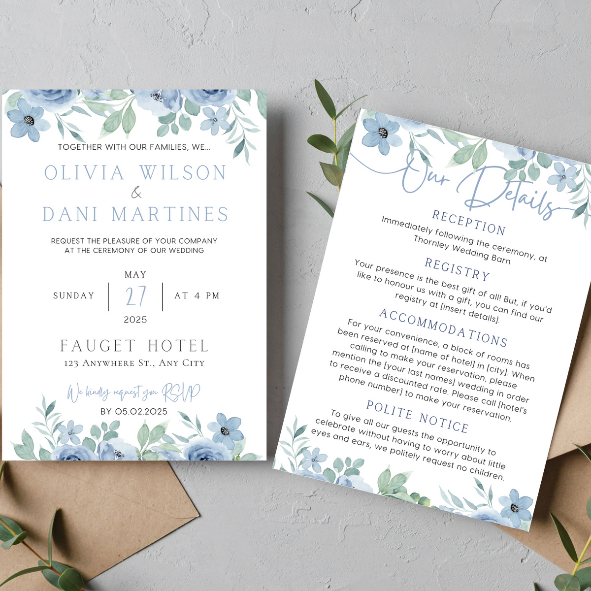 blue floral wedding invites - affordable perosnalised wedding invitations