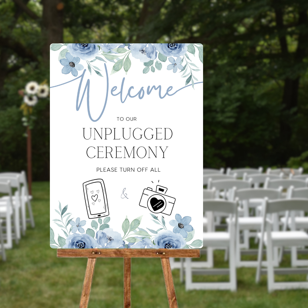 blue floral unplugged ceremony sign - personalised wedding signs