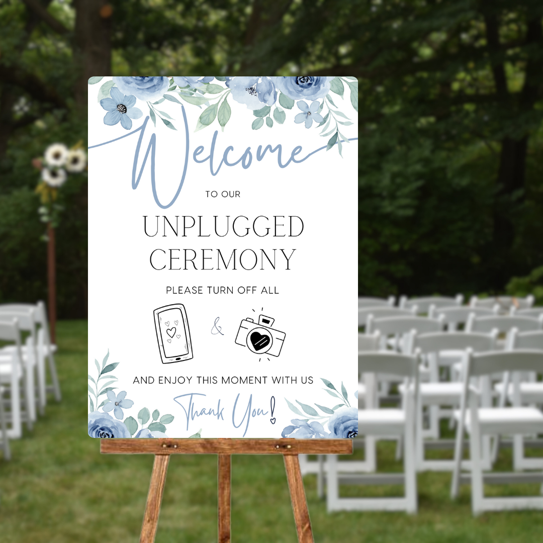 blue floral unplugged ceremony sign - personalised wedding signs