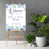 blue floral pick a seat not a side wedding sign - affordable wedding ceremony signs