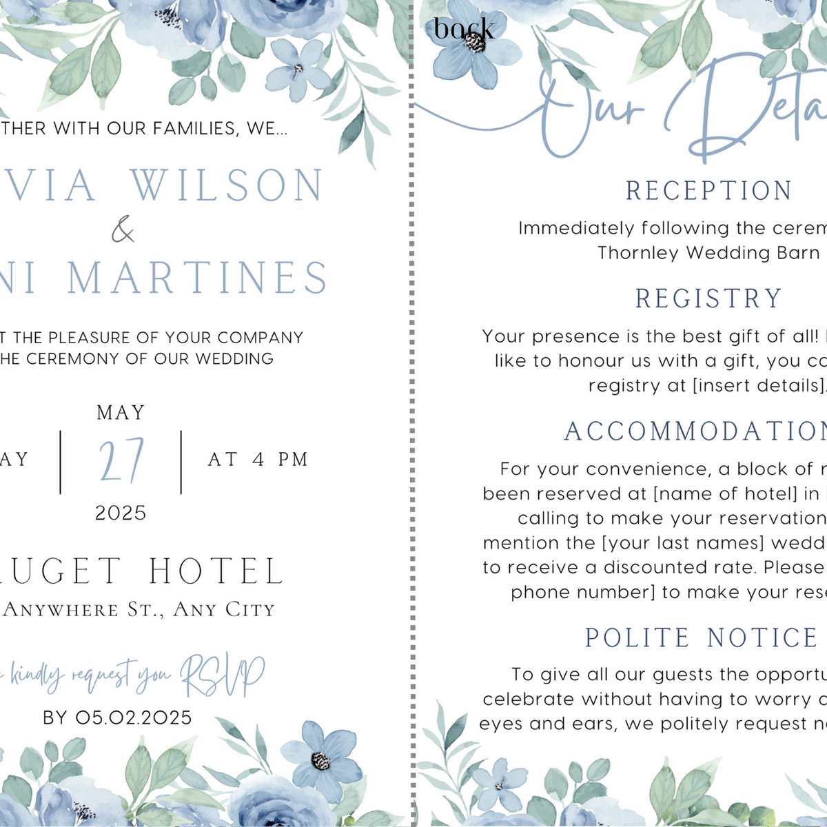 blue floral wedding invites - affordable perosnalised wedding invitations