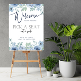 blue floral pick a seat not a side wedding sign - affordable wedding ceremony signs