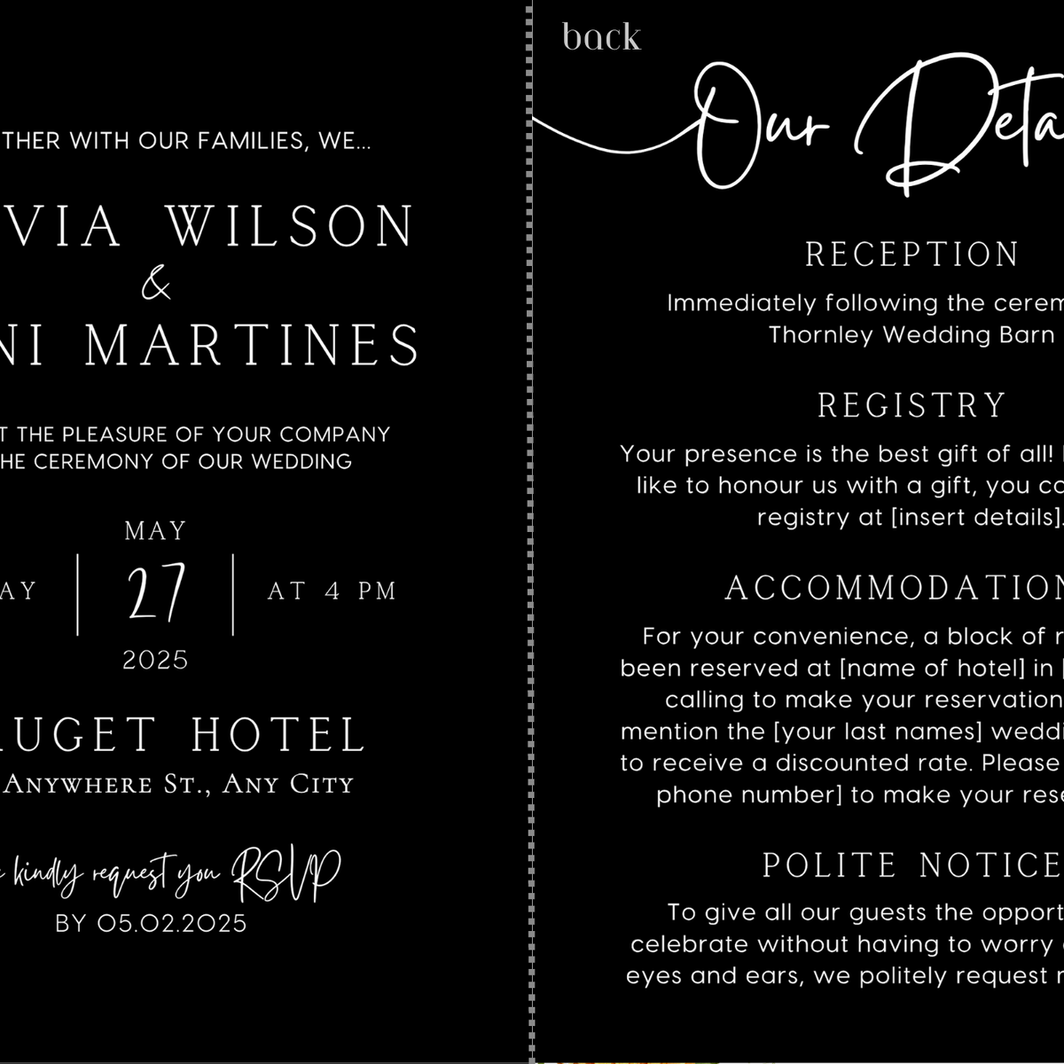 timeless style black wedding invites - personalised wedding invitations