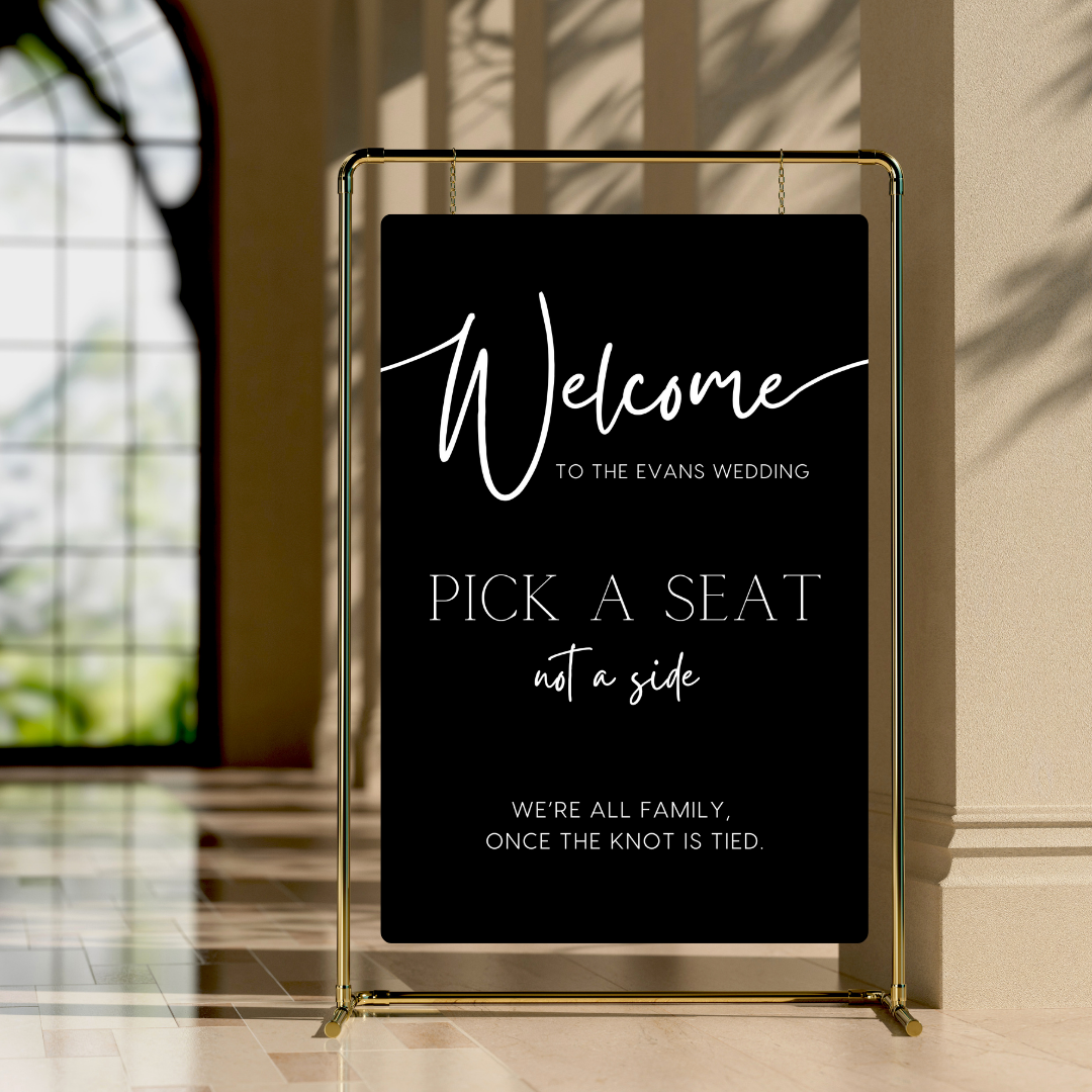 Timeless black pick a seat not a side wedding ceremony sign - affordable wedding ceremony signs