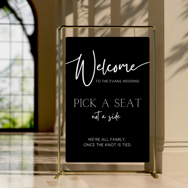 Timeless black pick a seat not a side wedding ceremony sign - affordable wedding ceremony signs