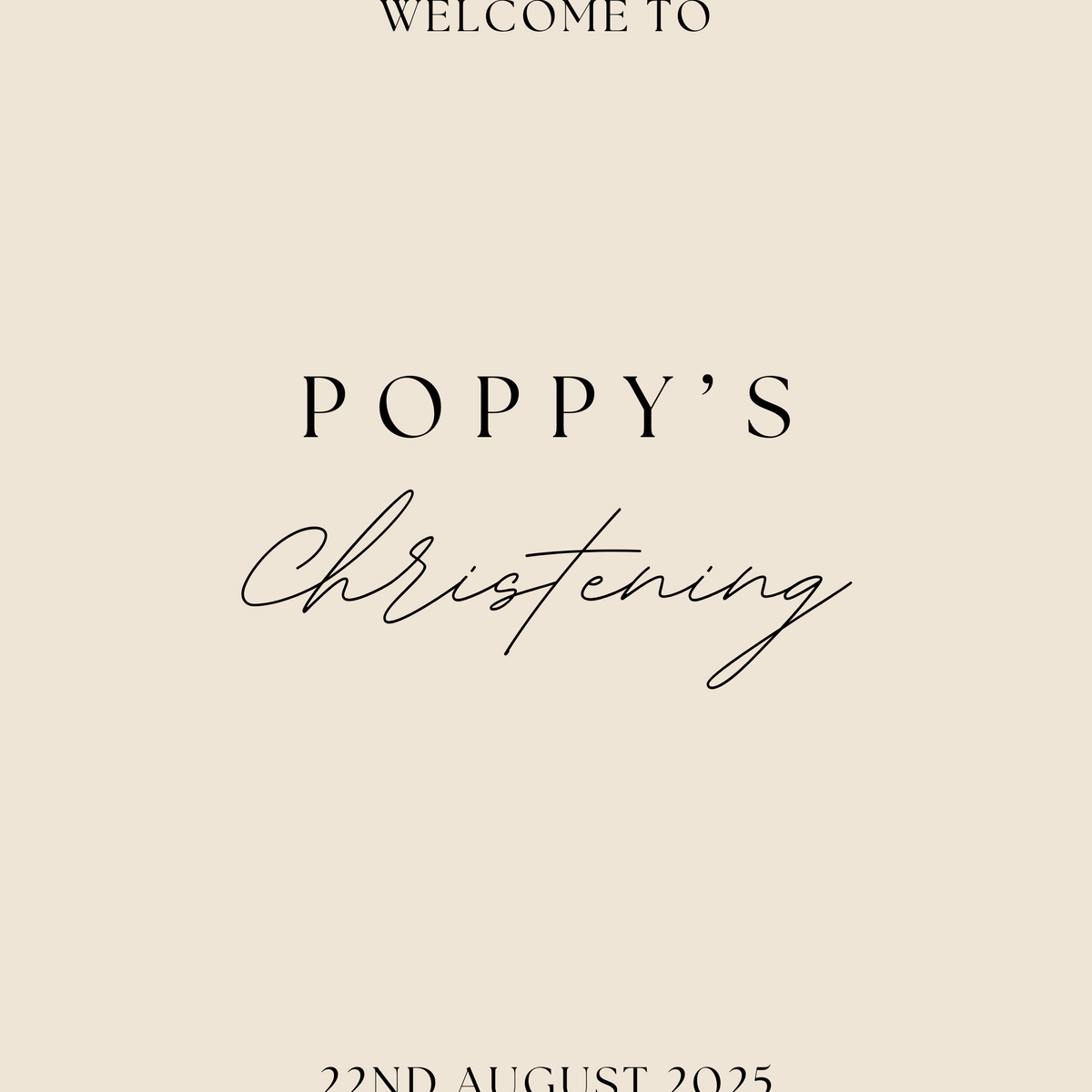 Personalised Christening Welcome Sign – A beautifully designed welcome sign featuring the baby’s name and event details, displayed on an easel at a christening venue.