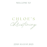 Personalised Christening Welcome Sign – A beautifully designed welcome sign featuring the baby’s name and event details, displayed on an easel at a christening venue.