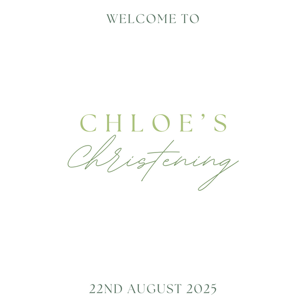 Personalised Christening Welcome Sign – A beautifully designed welcome sign featuring the baby’s name and event details, displayed on an easel at a christening venue.