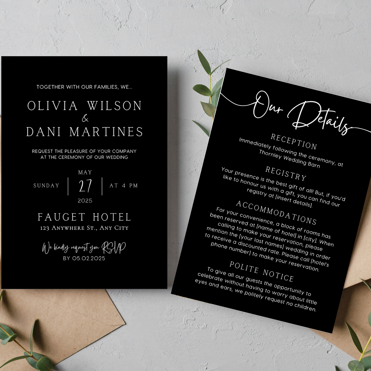 timeless style black wedding invites - personalised wedding invitations