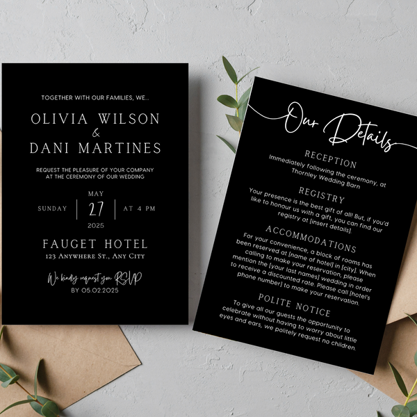 timeless style black wedding invites - personalised wedding invitations