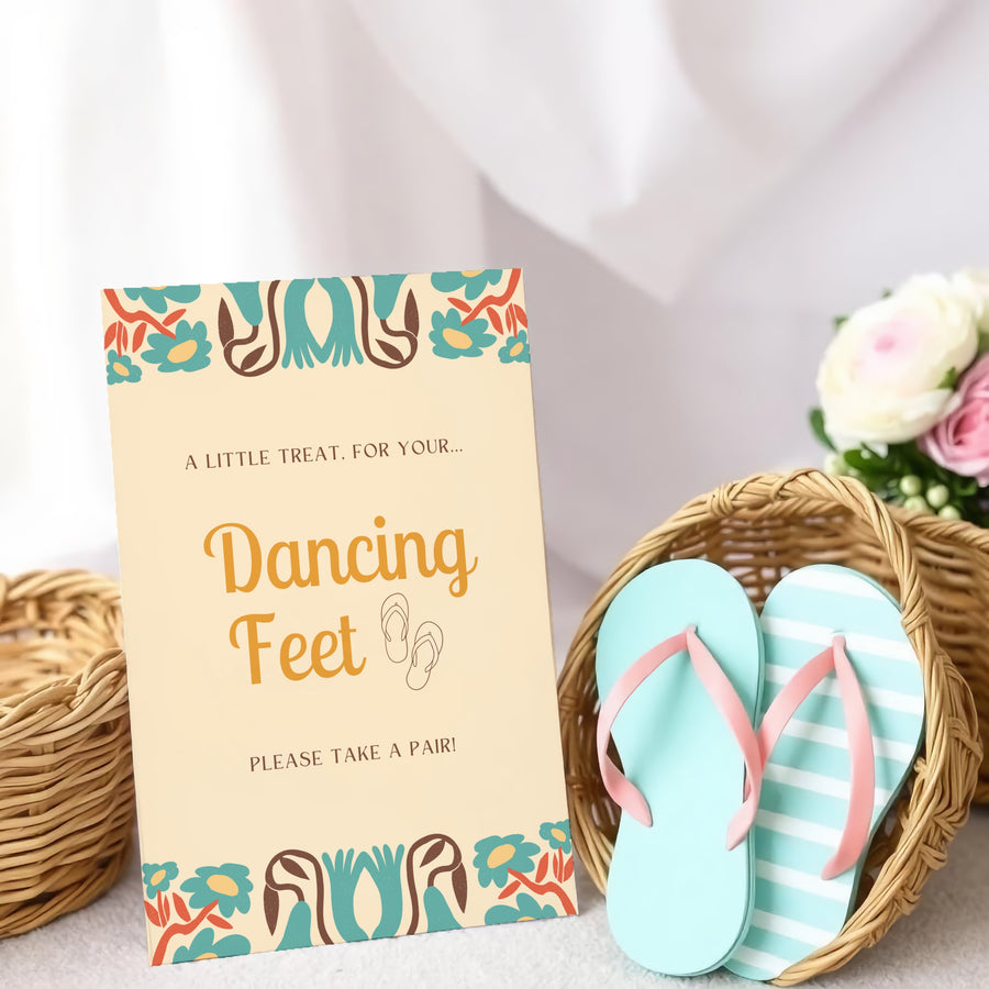 A stylish wedding sign reading "A little treat for your dancing feet, please take a pair", displayed next to a basket of flip-flops for guests. The design features elegant typography, perfect for a wedding reception.