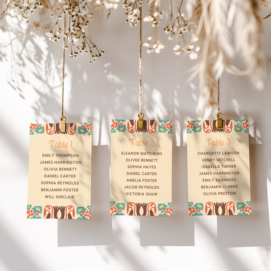 Custom Wedding Seating Plan Cards A5 or A6 – Elegant A5 or A6 wedding seating plan cards printed on 350gsm cardstock, featuring table numbers and guest names.