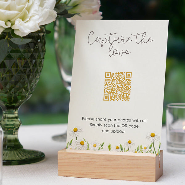 daisy floral photo sharing qr code sign for wedding tables - luxury wedding table signage for guests to share photos