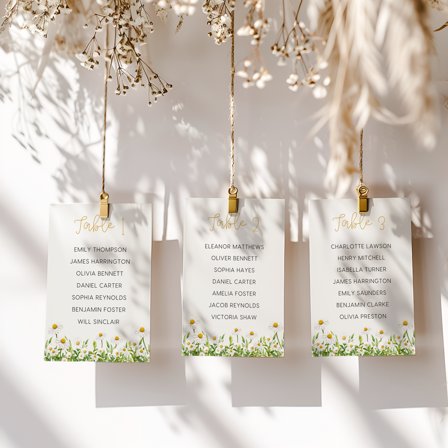 Custom Wedding Seating Plan Cards A5 or A6 – Elegant A5 or A6 wedding seating plan cards printed on 350gsm cardstock, featuring table numbers and guest names.