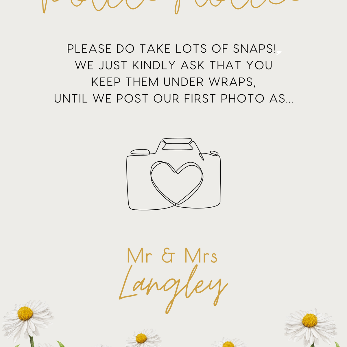 Daisy floral polite notice wedding sign - Polite notice card for wedding display - luxury wedding signage