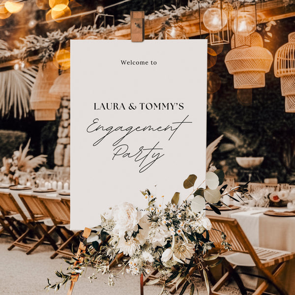 old money style white engagement party sign | personalised engagement party welcome board demure