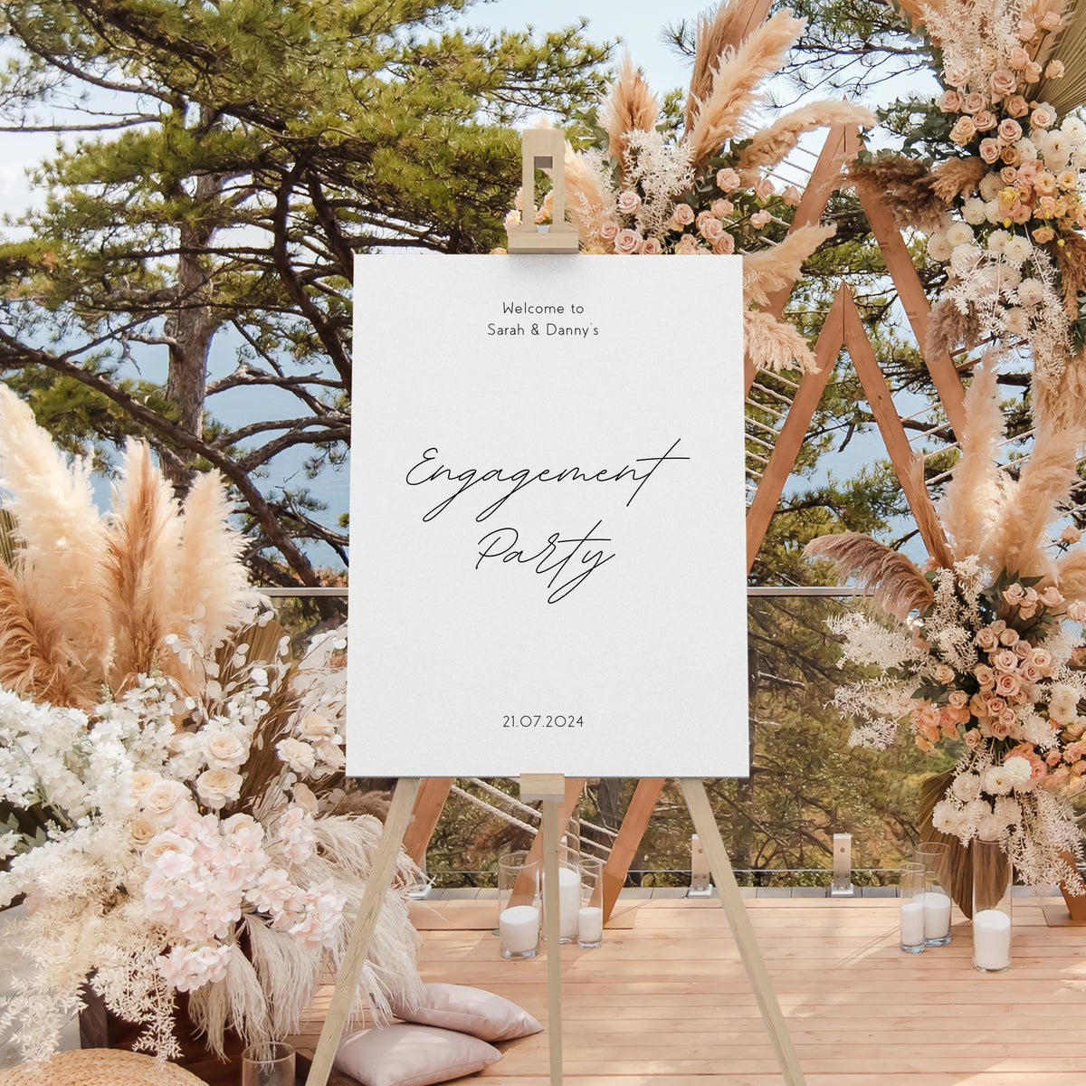 dreamy white engagement party sign | personalised engagement party welcome board