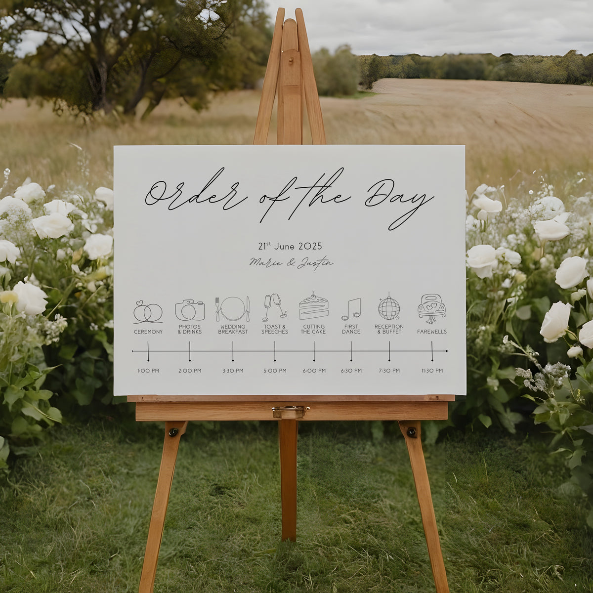 dreamy white order of the day wedding board, with sophisticated and delicate black text, in a calligraphy font
