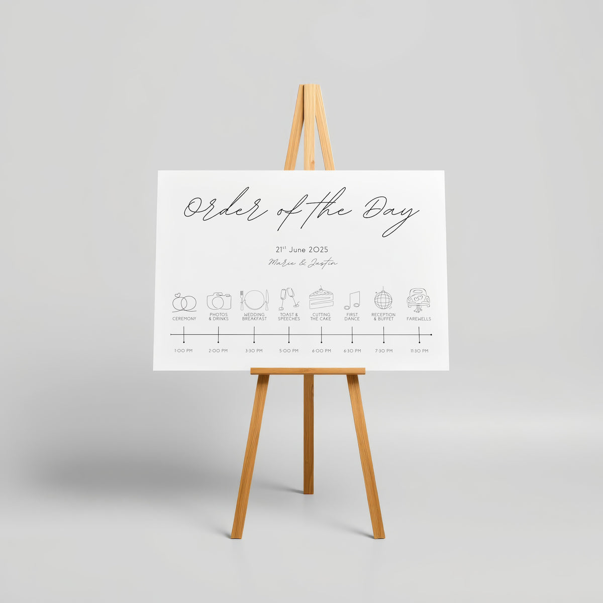 dreamy white order of the day wedding board, with sophisticated and delicate black text, in a calligraphy font