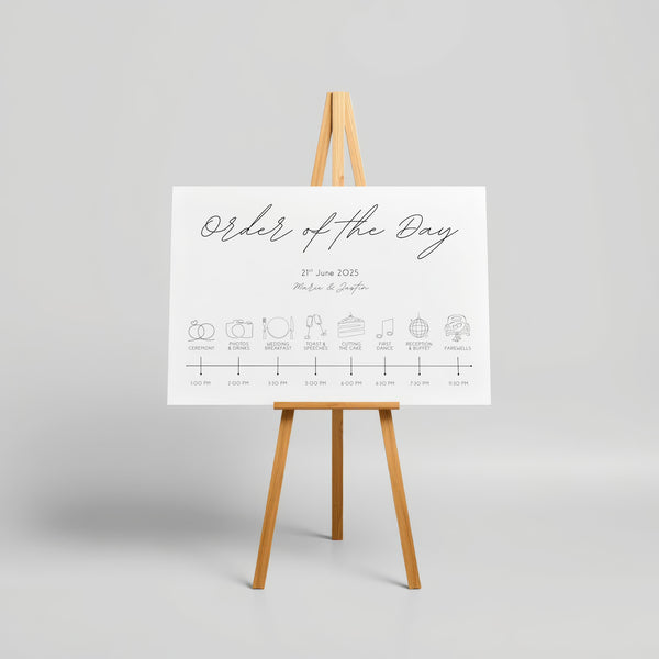 dreamy white order of the day wedding board, with sophisticated and delicate black text, in a calligraphy font