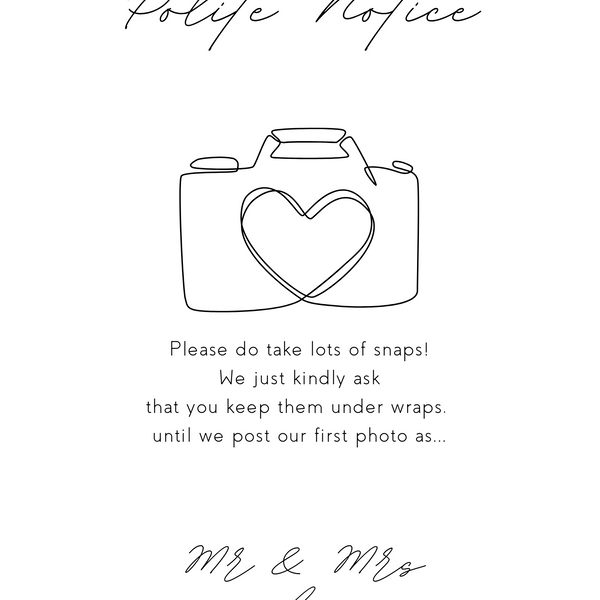 Elegant white polite notice wedding sign - Polite notice card for wedding display - luxury wedding signage