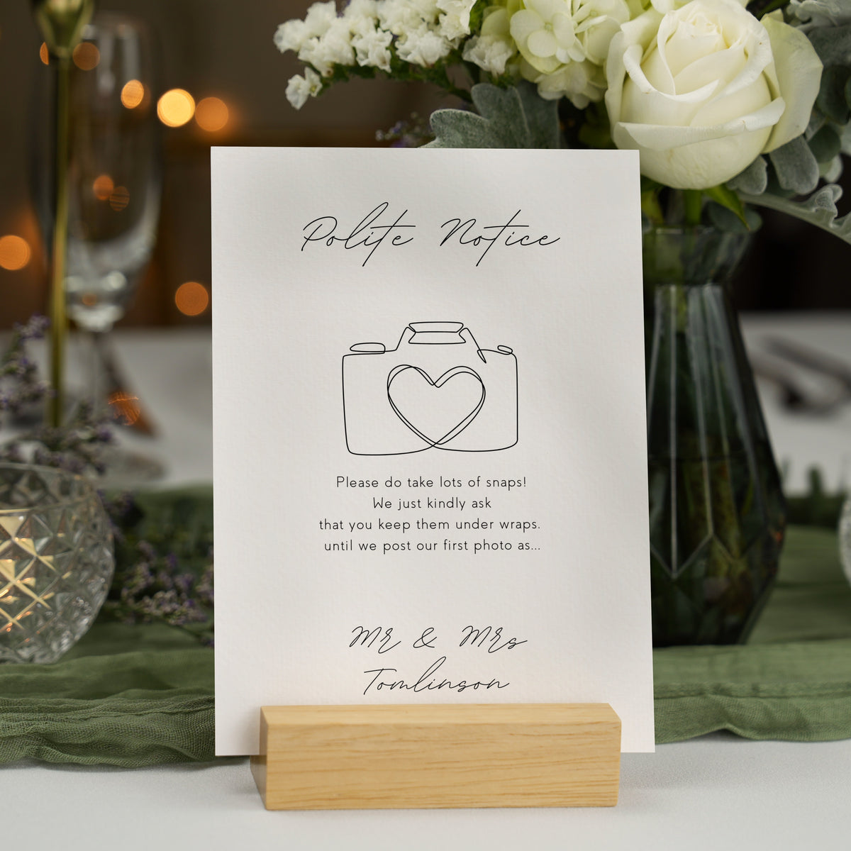 Elegant white polite notice wedding sign - Polite notice card for wedding display - luxury wedding signage