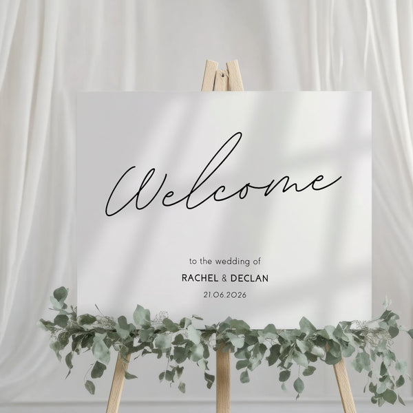 dreamy white simple welcome sign for wedding - personalised plain wedding welcome board - elegant and understated