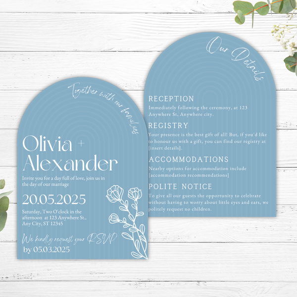 dusty blue arch wedding invites - affordable wedding invitations personalised