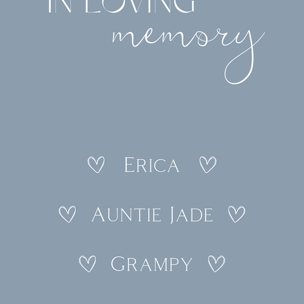 dusty blue in loving memory table sign for wedding